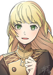  blonde_hair braid commentary_request epaulettes female fire_emblem fire_emblem:_three_houses garreg_mach_monastery_uniform green_eyes highres ingrid_brandl_galatea open_mouth single_braid solo tarayuki uniform upper_body white_background 