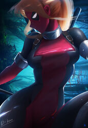  absurdres alternate_hairstyle bad_id bad_pixiv_id belt blonde_hair bodysuit breasts d-han female highres lady_deadpool looking_to_the_side marvel mask medium_breasts photoshop_(medium) ponytail profile signature solo superhero_costume sword tree weapon 