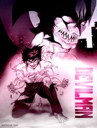  2boys bad_id bad_twitter_id barefoot claws copyright_name demon_boy devilman devilman_(character) exploding_clothes fudou_akira hair_behind_ear highres male_focus matayoshi_(nopple_1000) monochrome multiple_boys muscular muscular_male pants sharp_teeth teeth torn_clothes torn_pants transformation v-shaped_eyebrows 