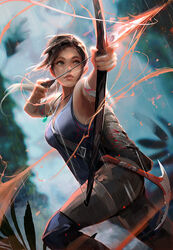  aiming arrow_(projectile) backpack bag bandaged_arm bandages blue_eyes blue_tank_top bow_(weapon) breasts brown_hair brown_pants commission english_commentary female highres holding holding_bow_(weapon) holding_weapon ice_axe knee_pads lara_croft lips long_hair medium_breasts official_art pants ponytail rain ross_tran solo tank_top tomb_raider tomb_raider_(reboot) twisted_torso weapon 