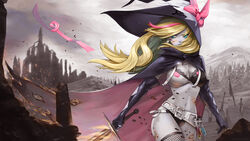  belt black_gloves black_panties blonde_hair blue_eyes bow breasts castle cleavage colored_skin commentary dark_souls_(series) dark_souls_iii elbow_gloves female flaming_sword flaming_weapon floating_hair gloves grey_skin hat hat_bow highres holding holding_sword holding_weapon looking_to_the_side medium_breasts multicolored_hair navel panties phase_connect pink_bow pink_hair rinkou_ashelia roober solo streaked_hair sword underwear virtual_youtuber weapon witch_hat 