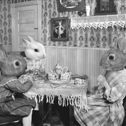 1:1 beverage carrot container cup female food grand_ole_bestiary greyscale group human lagomorph leporid male mammal monochrome photoshop plant rabbit real sitting tea third-party_edit unknown_artist vegetable