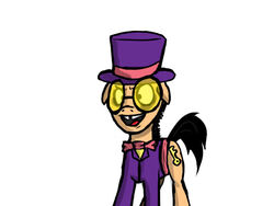 4:3 black_hair bottomless bow_(feature) bow_tie clothed clothing crossover equid equine eyewear feral friendship_is_magic glasses hair hasbro hat headgear headwear horse key male mammal my_little_pony parody ponification pony quadruped simple_background solo suit superjail! tail the_warden unknown_artist white_background