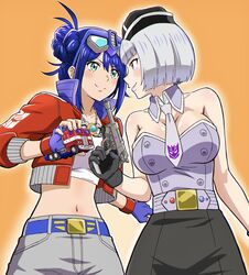  2girls absurdres belt black_gloves black_headwear black_skirt blue_belt blue_eyes blue_gloves blue_hair blush breasts cleavage collarbone crop_top cropped_shirt detached_collar double_bun eyewear_on_head fingerless_gloves garrison_cap glasses gloves grey_necktie grey_shorts gun hair_behind_ear hair_bun hat highres holding holding_gun holding_toy holding_weapon jacket jewelry komagoma kotobukiya_bishoujo looking_at_another matrix_of_leadership medium_breasts megatron megatron_(kotobukiya_bishoujo) midriff multiple_girls navel necklace necktie optimus_prime optimus_prime_(kotobukiya_bishoujo) orange_background purple_shirt red_jacket shirt short_hair shorts skirt smile strapless strapless_shirt toy toy_truck transformers transformers:_generation_1 v-shaped_eyebrows weapon white_shirt 