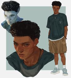  2023 absurd_res adolescent afro alien alien_humanoid alternate_species athletic athletic_human athletic_male black_eyebrows black_hair blue_background blue_body blue_clothing blue_footwear blue_shoes blue_skin blue_stripes blue_topwear border bottomwear bracelet braided_hair brown_body brown_skin bust_portrait chain_necklace chains clothed clothing crazytom dark_body dark_skin digital_media_(artwork) digital_painting_(artwork) dual_persona eyebrows eyelashes facial_markings fang_necklace fingers footwear full-length_portrait green_clothing green_eyes green_shirt green_t-shirt green_topwear hair hair_bun hand_in_pocket hands_in_both_pockets head_markings hi_res human humanized humanoid humanoid_pointy_ears james_cameron&#039;s_avatar jewelry khaki_shorts layered_clothing looking_ahead looking_away male mammal markings mole_(marking) na&#039;vi necklace official_art pockets portrait relaxed_expression rotxo_(james_cameron&#039;s_avatar) shirt shirt_pocket shoes short_hair shorts simple_background smile solo square standing striped_body striped_face striped_markings striped_skin stripes t-shirt tied_hair tooth_necklace topwear triangle_(shape) white_border white_bottomwear white_clothing white_shirt white_shorts white_t-shirt white_topwear young 