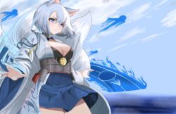  absurdres animal_ear_fluff animal_ears azur_lane blue_eyes blue_skirt blue_sky breasts cake_walker cleavage coat collar commentary day eyeshadow female flight_deck highres kaga_(azur_lane) kitsune large_breasts makeup metal_belt metal_collar miniskirt multiple_tails open_clothes open_coat outdoors pleated_skirt red_eyeshadow sakuramon short_hair skirt sky solo tail white_coat white_hair white_tail wide_sleeves 