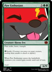  2023 ambiguous_gender anthro aroused black_nose blep blonde_highlights canid canine card_game card_template closed_eyes english_text fox fur gaming grey_body grey_fur hasbro hi_res highlights_(coloring) magic:_the_gathering mammal nuzzles portrait red_body red_fur smile smiling_at_viewer solo text tongue tongue_out trading_card_game trading_card_template url uwu wizards_of_the_coast 