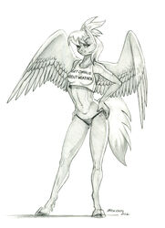  2022 anthro baron_engel breasts clothing cloud_chaser_(mlp) equid equine eyebrows feathered_wings feathers female friendship_is_magic graphite_(artwork) greyscale hands_on_hips hasbro hi_res hooves looking_at_viewer mammal monochrome my_little_pony mythological_creature mythological_equine mythology navel panties pegasus solo text text_on_clothing text_on_topwear topwear traditional_media_(artwork) underwear unguligrade_anthro wings 