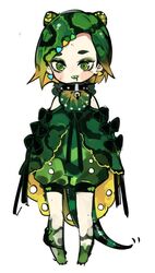  blonde_hair blush_stickers chameleon chameleon_girl chameleon_tail collar female full_body green_eyes green_hair hair_ornament monster_girl multicolored_eyes multicolored_hair original rnskkn sharp_teeth simple_background solo spiked_collar spikes tail teeth thick_eyebrows white_background yellow_eyes 