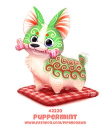  2018 ambiguous_gender black_eyes bone candy canid canine canis cushion dessert digital_media_(artwork) digital_painting_(artwork) domestic_dog english_text feral food food_creature fur green_body green_fur holding_object humor mammal peppermint_(candy) pillow piper_thibodeau pun red_body red_fur simple_background solo tail tail_motion tailwag text url visual_pun white_background white_body white_fur 