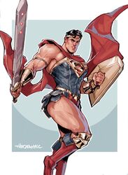  1boy alternate_costume bad_id bad_twitter_id bara bare_shoulders black_hair cape cosplay covered_abs crossdressing dc_comics foot_out_of_frame highres holding holding_shield holding_sword holding_weapon justice_league looking_at_viewer male_focus mature_male muscular muscular_male pectorals red_cape shield short_hair sideburns sidepec solo superhero_costume superman sword theo_(theobromicart) thick_thighs thighs weapon wind wonder_woman wonder_woman_(cosplay) 