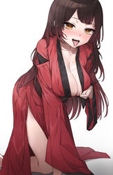  absurdres adapted_costume blush breasts cleavage cum cum_on_body cum_on_breasts female hair_between_eyes highres hololive japanese_clothes kimono korogoro_(mago0057) large_breasts legs long_hair official_alternate_costume red_robe robe roboco-san roboco-san_(new_year) solo virtual_youtuber yellow_eyes 