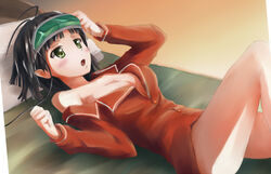  amusphere bed black_hair breasts cleavage commentary_request enatetsu eyewear_on_head female green_eyes head-mounted_display kirigaya_suguha medium_breasts naked_shirt no_pants open_mouth pajamas pillow shirt solo sword_art_online 