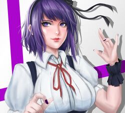  breasts commentary_request dagashi_kashi female hairband ikhwan_maulana large_breasts lips nail_polish purple_eyes purple_hair shidare_hotaru short_hair solo 