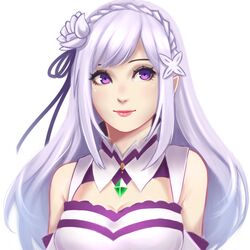  bare_shoulders braid breasts cleavage commentary_request emilia_(re:zero) female flower hair_flower hair_ornament hair_ribbon highres ikhwan_maulana lips long_hair medium_breasts purple_eyes purple_hair re:zero_kara_hajimeru_isekai_seikatsu ribbon simple_background solo white_background white_flower x_hair_ornament 