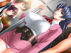  blue_hair breasts brown_hair classroom cleavage erect_nipples glasses highres impossible_clothes impossible_clothing impossible_shirt indoors large_breasts long_hair milf miniskirt multiple_girls no_bra panties ponytail shirt skin_tight skirt smile solo standing strikes takahashi_record teacher thighhighs train underwear upskirt very_long_hair 