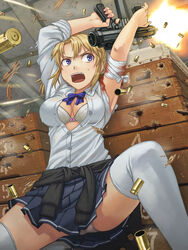  bandages beretta_m12 blind_fire blonde_girl_(itou) blonde_hair blood blue_eyes bow bow_bra bowtie bra breasts bullet_hole casing_ejection cleavage clothes_around_waist commentary_request female firefight firing gun gym_storeroom highres holding holding_gun holding_weapon indoors injury itou_(onsoku_tassha) lingerie medium_breasts muzzle_flash near_miss open_mouth original panties pantyshot popped_button ribbon school_uniform shell_casing short_hair sitting skirt sleeves_rolled_up solo spread_legs submachine_gun sweat sweater sweater_around_waist thighhighs under_fire underwear vaulting_horse weapon white_thighhighs 