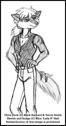 4_fingers anthro belt biped black_border border bottomwear canid canine chris_deck_(character) clothed clothing collarbone english_text fingers fully_clothed fur graphite_(artwork) greyscale hair hands_on_hips havoc_inc. inner_ear_fluff lady_rumplestiltskin looking_aside male mammal monochrome pants pencil_(artwork) ponytail portrait pose simple_background sketch solo standing stripes tail text three-quarter_portrait topwear traditional_media_(artwork) tuft vest white_background