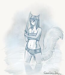 2012 accessory anthro breasts chest_tuft cleavage clothed clothing female fur headband long_tail mammal markings melee_weapon oonami reflection rodent sciurid sketch small_breasts solo sword tail timid tree_squirrel tuft water weapon