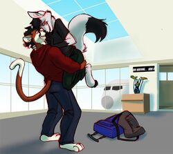 aircraft airplane airport amonomega anthro attendant bag being_watched canid canine celebration domestic_cat duo_focus felid feline felis fox group happy hug lagomorph leporid looking_at_another love male male/male mammal rabbit romantic romantic_couple tail vehicle