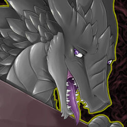 1:1 2014 black_body black_scales bust_portrait dragon female icon looking_at_viewer low_res mythological_creature mythological_scalie mythology narse open_mouth pattern_background portrait pupils purple_eyes purple_tongue scales scalie sharp_teeth simple_background slit_pupils solo teeth tongue varka