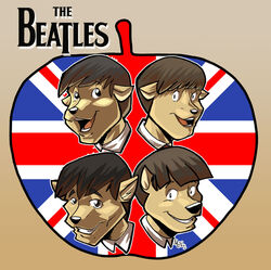 alternate_species anthro apple black_hair black_nose british canid canine canis cel_shading digital_media_(artwork) domestic_dog flag food fruit fur furrification george_harrison group hair jaeh john_lennon logo looking_at_viewer male mammal music open_mouth open_smile paul_mccartney plant ringo_starr shaded short_hair smile tan_body tan_fur the_beatles toony union_jack