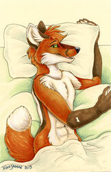 2013 anthro back_markings bed biped brown_body brown_fur canid canine facial_markings fox fur furniture green_eyes green_sclera hair happy head_markings lazy looking_at_viewer lying male mammal markings nude on_bed on_side orange_body orange_fur pillow red_hair relaxing signature smile solo under_covers white_body white_fur xianjaguar