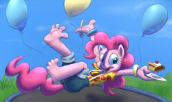 2013 airborne_food airborne_object anthro anthrofied balloon blue_eyes clothing collaboration draneas earth_pony equid equine female friendship_is_magic hair hasbro horse inflatable mammal my_little_pony pink_hair pinkie_pie_(mlp) pony solo trampoline