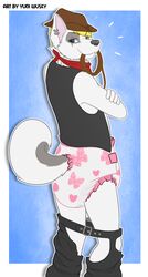 ageplay anthro bandana canid canine canis chaps clothing cowboy_hat diaper domestic_dog hat headgear headwear husky hybrid infantilism kaji_(kajidawg) kajidawg kerchief male mammal nordic_sled_dog roleplay solo spitz white_diaper wolf wolfdog yuniwolfsky