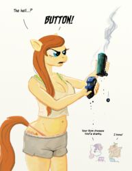 2013 angry anthro anthrofied blue_eyes bottomwear bra_straps breasts broken brown_hair button_mash_(mlp) capt_hairball cleavage closed_eyes clothed clothing cream_heart_(mlp) cutie_mark dialogue earth_pony english_text equid equine facepalm fan_character female friendship_is_magic frown fur group hair handheld hasbro hat headgear headwear horn horse mammal mature_anthro mature_female mother_(lore) multicolored_hair my_little_pony mythological_creature mythological_equine mythology navel open_mouth panties parent_(lore) pony propeller_hat shirt shorts simple_background skimpy smoke sweetie_belle_(mlp) tan_body tan_fur tank_top text topwear train two_tone_hair underwear unicorn vehicle white_background white_body white_fur