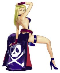  back backless_dress backless_outfit bare_back belt blonde_hair dress fatal_fury female fingerless_gloves full_body garou:_mark_of_the_wolves gloves high_heels jenet_behrn legs long_hair looking_back official_art one_eye_closed senno_aki shoes simple_background skull_and_crossbones smile snk solo thigh_strap 