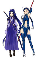  2girls arm_behind_back armor armpits blue_eyes blue_hair blush bow commentary_request contrapposto cu_chulainn_(fate) cu_chulainn_(fate/stay_night) earrings fate/stay_night fate_(series) full_body gae_bolg_(fate) genderswap_(mtf) hairbow highres japanese_clothes jewelry kamehima katana long_hair long_skirt monohoshizao multiple_girls navel ootachi open_mouth pelvic_curtain pleated_skirt polearm ponytail red_eyes rule_63 sasaki_kojirou_(fate) sheath sheathed skirt smile spear standing sword tareme thighhighs tsurime very_long_hair weapon white_background 