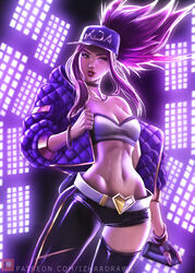  akali armwear bare_midriff bare_shoulder belly belly_button belt bracelet cap choker cleavage collar curvy_hips fingerless_gloves fit_female flat_belly front_view hat heart_belt hips izhardraws jacket k/da_akali k/da_series league_of_legends light-skinned_female light_skin looking_at_viewer midriff navel necklace ponytail purple_hair red_lips removing_clothing removing_jacket seductive_look spray_can stage_lights strapless strapless_bra strapless_top streetwear tube_top tubetop upper_body 