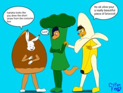  4:3 absurd_res anthro banana banana_costume broccoli broccoli_costume clothing costume english_text female food food_costume fruit group hazel_harriet-taylor hazelnut_costume hi_res lagomorph lemur leporid male mammal mink mustelid musteline olive_(penmark) pen_(penmark) penmark plant primate rabbit strepsirrhine text trio true_musteline vegetable 