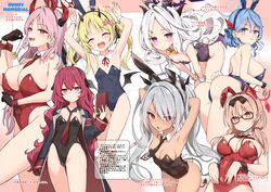  6+girls ahoge ako_(blue_archive) animal_ears armpits black-framed_eyewear black_coat black_gloves black_horns black_necktie black_tail black_wings blonde_hair blue_archive blue_eyes blue_hair blue_halo blush bow breasts brown_hair chinatsu_(blue_archive) closed_eyes closed_mouth coat dark-skinned_female dark_skin demon_horns demon_tail demon_wings detached_collar eyes_visible_through_hair fake_animal_ears fake_tail flat_chest glasses gloves grey_hair hair_over_one_eye halo highres hina_(blue_archive) horns ibuki_(blue_archive) iori_(blue_archive) iroha_(blue_archive) large_breasts leotard long_sleeves looking_at_viewer medium_breasts multiple_girls neck_ribbon necktie open_clothes open_coat open_mouth pink_hair playboy_bunny pointy_ears prefect_team_(blue_archive) purple_eyes purple_halo rabbit_ears rabbit_tail red_eyes red_hair red_halo red_horns red_necktie red_ribbon ribbon satsuki_(blue_archive) small_breasts smile strapless strapless_leotard sune_(mugendai) tail twintails white_hair wings wrist_cuffs yellow_bow yellow_eyes yellow_halo 