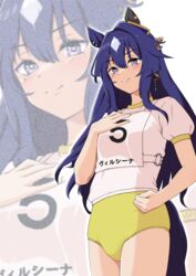  animal_ears blue_hair bright_pupils buruma character_name dark_blue_hair ear_covers ear_piercing female gym_shirt gym_uniform hair_between_eyes hand_on_own_chest highres horse_ears horse_girl horse_tail long_hair mole mole_under_eye name_tag original_race_uniform_(umamusume) piercing puffy_short_sleeves puffy_sleeves purple_eyes race_bib shirt short_sleeves single_ear_cover solo tail umamusume verxina_(umamusume) white_shirt yaya_eshage yellow_buruma 