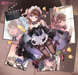  2girls apron azur_lane black_bow black_bowtie black_corset black_footwear black_jacket blue_eyes bow bowtie breasts brown_hair clapperboard closed_eyes closed_mouth copyright_name copyright_notice corset cup detached_sleeves dress frilled_apron frilled_dress frills hairbow holding holding_cup jacket long_hair long_sleeves looking_at_viewer maid maid_apron maid_headdress manjuu_(azur_lane) medium_breasts multiple_girls official_alternate_costume official_art pantyhose pink_bow sakura_koharu second-party_source smile thigh_strap two_side_up unworn_jacket z35_(azur_lane) z35_(liebender_engel)_(azur_lane) z36_(azur_lane) 