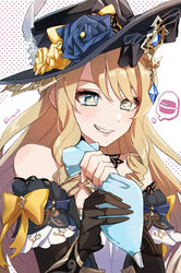  black_flower black_gloves black_hat black_jacket blonde_hair blue_eyes close-up collared_shirt cooking dress drill_hair female flower food genshin_impact gloves grin haruna_(hrnrnh) hat hat_feather hat_flower highres holding holding_pastry_bag jacket jewelry long_hair macaron navia_(genshin_impact) open_mouth pastry pastry_bag shirt signature simple_background single_glove smile solo star-shaped_pupils star_(symbol) symbol-shaped_pupils teeth thought_bubble upper_body white_background 