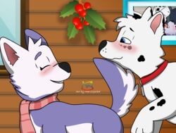  absurd_res accidental_holly blue_eyes blush blush_lines cabin canid canine canis cel_shading christmas christmas_decorations collar dalmatian dalsky_(dalmatian_and_husky) domestic_dog duo fan_character female feral fur hi_res holidays holly_(plant) husky love male mammal markings marvispot84 nordic_sled_dog paw_patrol photo_frame plant purple_body purple_fur sasha_(oc) scarf shaded smile sparkles sparkling_eyes spitz spots spots_(oc_marvispot84) spotted_body spotted_fur tail white_body white_fur window 