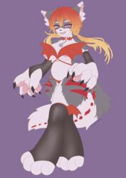  2023 4_toes 5_fingers anthro arcadia_(onigiriad) areola armwear bell bell_choker big_hands black_clothing black_legwear black_thigh_highs blonde_hair breasts bridal_gauntlets canid canine canis choker claws clip_studio_paint_(artwork) clothing club_arms countershade_fur countershading digital_drawing_(artwork) digital_media_(artwork) eyebrows fangs feet female female_anthro finger_claws fingers flat_colors full-length_portrait fur gradient_hair grey_body grey_fur grey_sclera hair harness hi_res hindpaw huge_hands inner_ear_fluff jewelry leg_stripes legwear looking_at_viewer mammal markings necklace nipples onigiriad open_mouth open_smile panties pawpads paws pink_areola pink_inner_ear pink_nipples pink_pawpads pink_tongue plantigrade portrait purple_background red_choker red_clothing red_hair red_harness red_jewelry red_markings red_necklace red_panties red_underwear simple_background smile solo tail teeth thigh_highs toe_claws toes tongue tuft twintails_(hairstyle) underwear white_body white_countershading white_eyebrows white_fur white_inner_ear_fluff wolf 