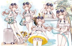  absurdres bikini blue_archive eyewear_on_head female frilled_bikini frills halo hifumi_(blue_archive) hifumi_(swimsuit)_(blue_archive) highres light_brown_hair low_twintails migolu multiple_views off-shoulder_bikini off_shoulder ribbon-trimmed_bikini ribbon-trimmed_swimsuit ribbon_trim sandals sunglasses swimsuit thighs twintails white_bikini white_footwear wing_hair_ornament winged_halo yellow_halo 