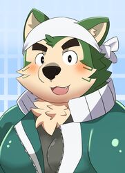  anthro bandana blush bust_portrait canid canine canis domestic_dog eyebrows fur green_body green_fur hi_res kerchief lifewonders live_a_hero looking_at_viewer male mammal mokdai portrait solo thick_eyebrows tukiguma761 