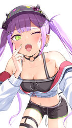  ;p barbell_piercing bare_shoulders baseball_cap belt bibi_(tokoyami_towa) black_camisole black_choker black_hat black_shorts blush breasts camisole check_commentary choker cleavage collarbone commentary_request cowboy_shot crop_top cropped_jacket demon_girl ear_piercing earrings fake_horns fangs female from_below green_eyes grey_belt hair_ornament hairclip hand_on_own_cheek hand_on_own_face hand_up hat highres hololive hoop_earrings horned_headwear horns industrial_piercing jacket jewelry leaning_forward legwear_garter long_hair long_sleeves looking_at_viewer multicolored_hair multicolored_nails nail_polish navel_piercing o-ring o-ring_choker off_shoulder one_eye_closed open_mouth piercing pink_hair pink_nails purple_hair shorts sidelocks simple_background single_legwear_garter small_breasts solo stomach streaked_hair tail takahira_(takahirac562) thighhighs tokoyami_towa tokoyami_towa_(1st_costume) tongue tongue_out twintails virtual_youtuber white_background white_jacket yellow_nails 