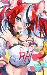  animal_ears blue_eyes bow breasts cleavage collar detached_sleeves female hakos_baelz hakos_baelz_(1st_costume) highres hololive hololive_english key midriff mizuki_(xeaz2854) mouse_ears mouse_tail multicolored_hair navel red_hair sharp_teeth signature spiked_collar spikes strapless streaked_hair tail tail_bow tail_ornament teeth tube_top twintails virtual_youtuber 