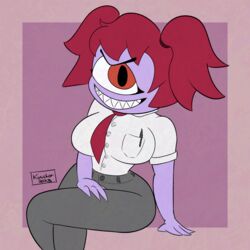  1:1 1_eye arm_on_leg clothing crossed_legs cyclops demon demon_humanoid dress_shirt female geometric_background hair hi_res humanoid kuuchor looking_at_viewer necktie pen purple_body red_hair sharp_teeth shirt shirt_pocket simple_background sitting smile solo teeth topwear twintails 