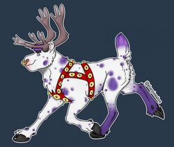  antlers bell bell_harness deer facial_piercing feral fur harness hooves horn male mammal new_world_deer nose_piercing piercing purple_body purple_fur reindeer solo spots yamatopawa 