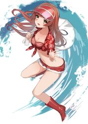  alternate_costume bikini blunt_bangs boots brown_hair female full_body fur-trimmed_skirt fur_trim green_eyes hawaiian_shirt helena_(kancolle) kantai_collection leaf_print long_hair one-hour_drawing_challenge red_bikini red_footwear red_shirt red_skirt sack shirt skirt solo swimsuit tidal_wave tied_shirt visor_cap yamashichi_(mtseven) 