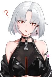  ? absurdres arm_strap bandeau black_bandeau black_choker black_jacket breasts choker commentary drake_(nikke) drake_(villain_racer)_(nikke) drooling earrings english_commentary eyeliner female goddess_of_victory:_nikke grey_hair hair_ornament head_tilt highres jacket jesh_art jewelry looking_at_viewer makeup medium_breasts mouth_drool official_alternate_costume open_clothes open_jacket open_mouth parted_bangs red_eyeliner red_eyes short_hair signature simple_background single_earring solo triangle_earrings upper_body white_background x_hair_ornament 