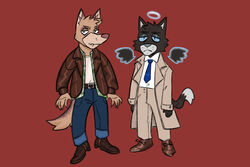  alternate_species angel anthro belt black_body black_fur bottomwear brimstone-cowboy canid canine canis castiel clothed clothing coat dean_winchester denim denim_bottomwear denim_clothing domestic_cat domestic_dog duo eyebrows fangs feathered_wings feathers felid feline felis footwear fully_clothed fur furrification halo hi_res jacket jeans leather leather_clothing leather_jacket leather_topwear male mammal necktie pants shirt shoes snout supernatural_(tv_show) tan_body tan_fur teeth toony topwear trenchcoat wings 