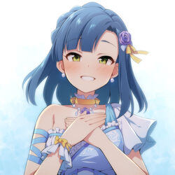  bad_id bad_pixiv_id blue_background blue_dress blue_hair blush choker collarbone dress female flower frilled_dress frills gradient_background green_eyes hair_flower hair_ornament hands_up idolmaster idolmaster_million_live! looking_at_viewer nanao_yuriko own_hands_together parted_bangs purple_flower purple_rose rose single-shoulder_dress single_sleeve smile solo uccow upper_body white_background yellow_choker 